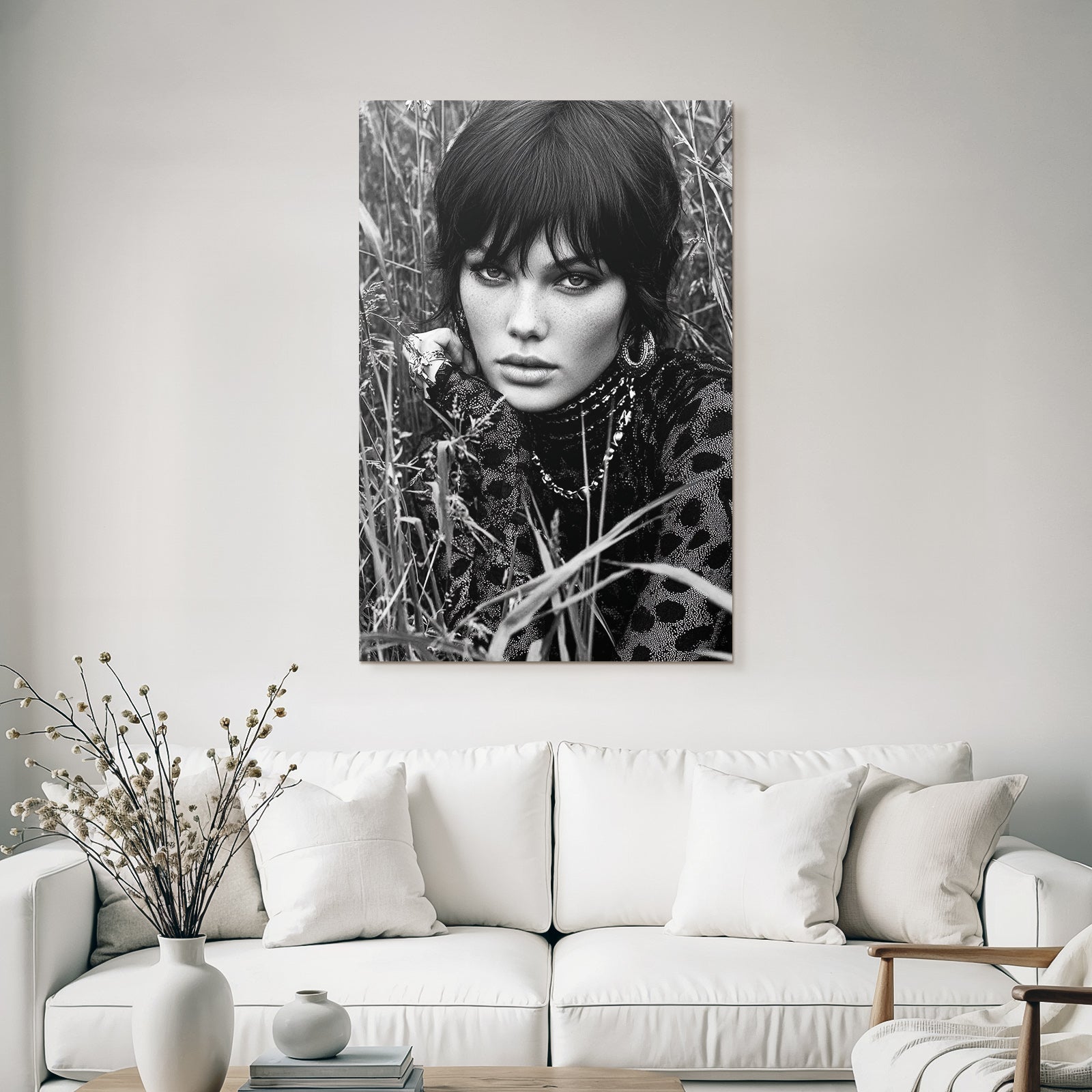 Monochrome Portrait Person In Grass Intense Gaze Stylish Clothing Bw