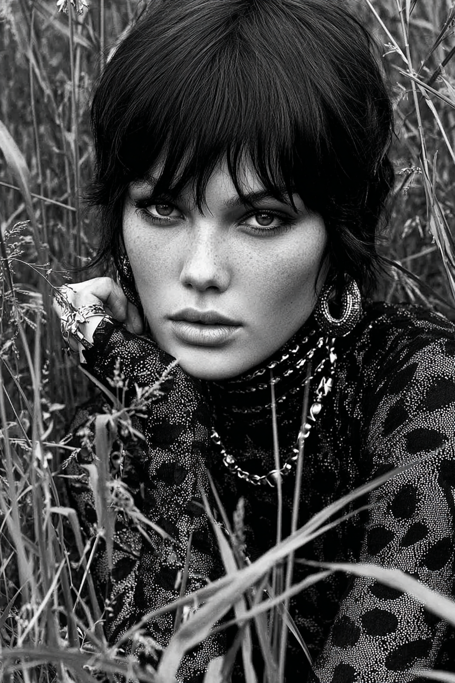 Monochrome Portrait Person In Grass Intense Gaze Stylish Clothing Bw | Portraets | Menschen und Emotionen