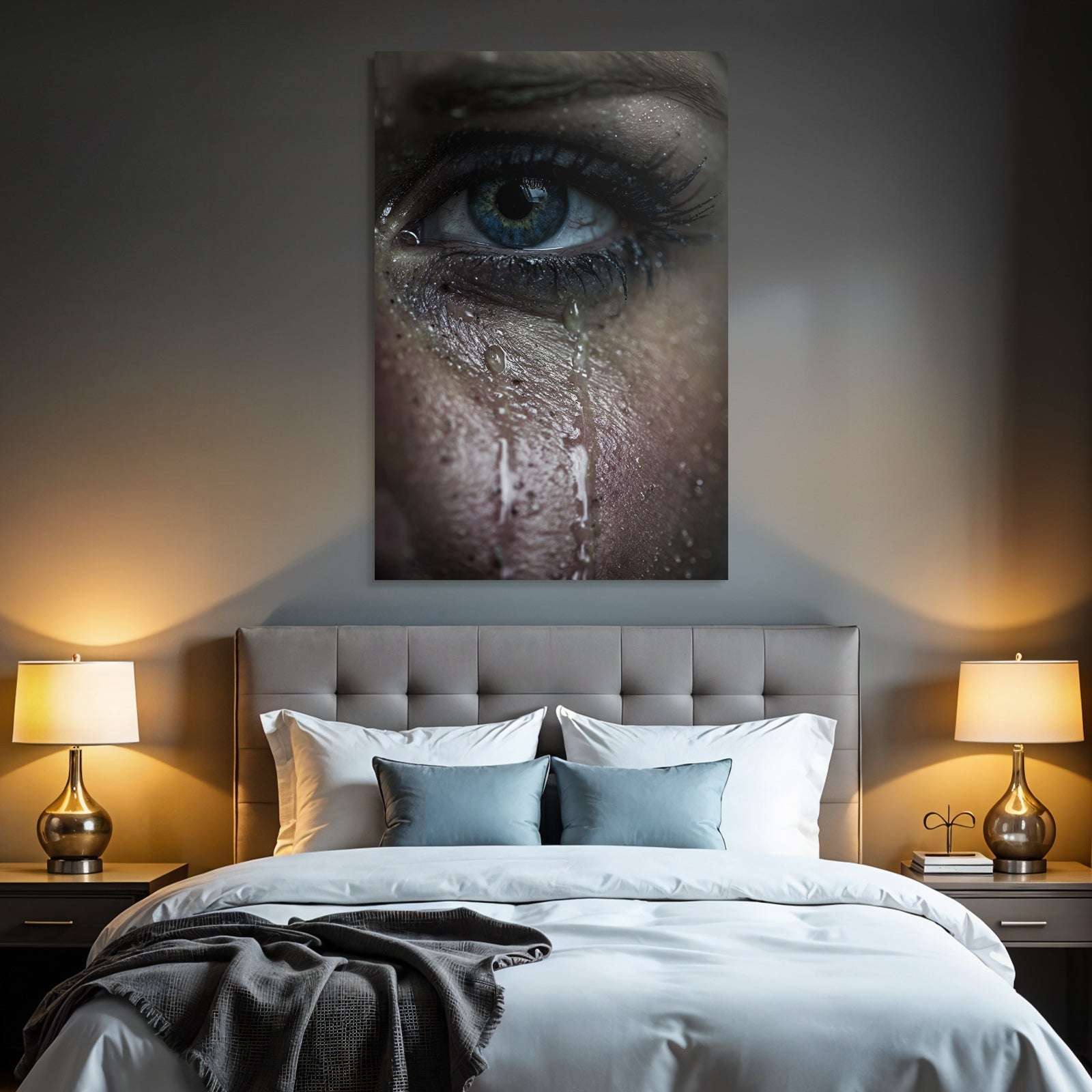 Nahaufnahme Eines Auges Mit Tranen Und Hautstruktur Blau Intensiv Emotional