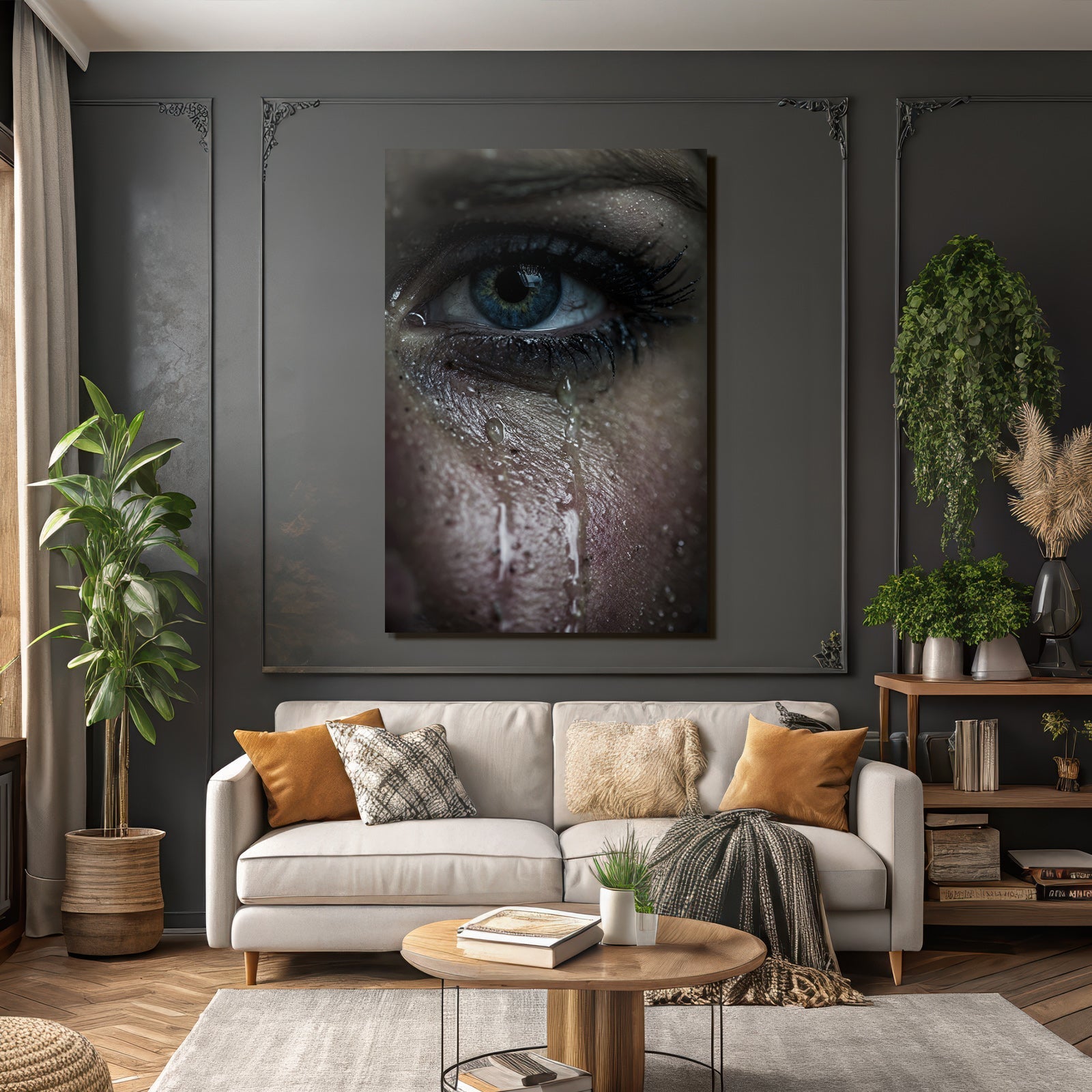 Nahaufnahme Eines Auges Mit Tranen Und Hautstruktur Blau Intensiv Emotional