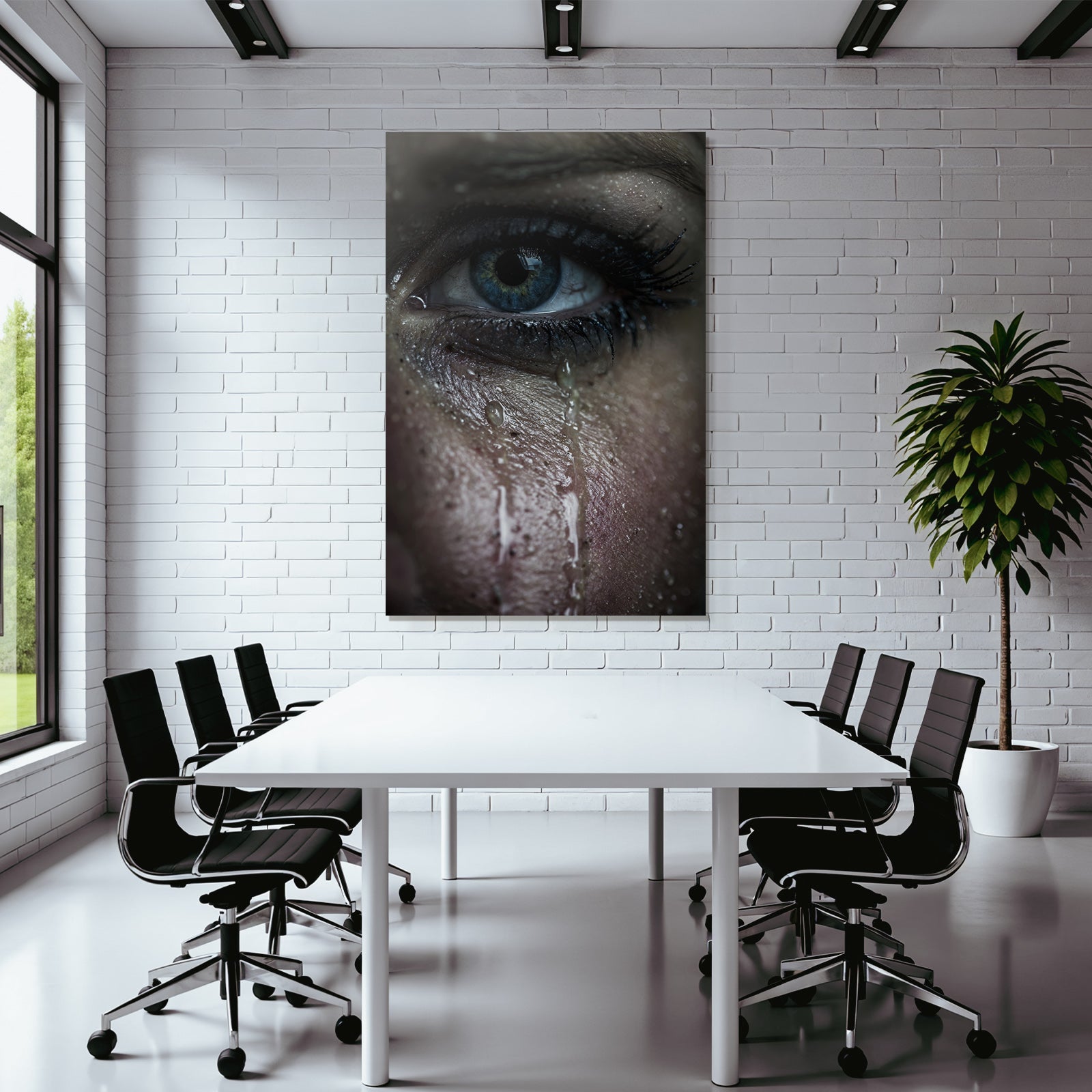 Nahaufnahme Eines Auges Mit Tranen Und Hautstruktur Blau Intensiv Emotional