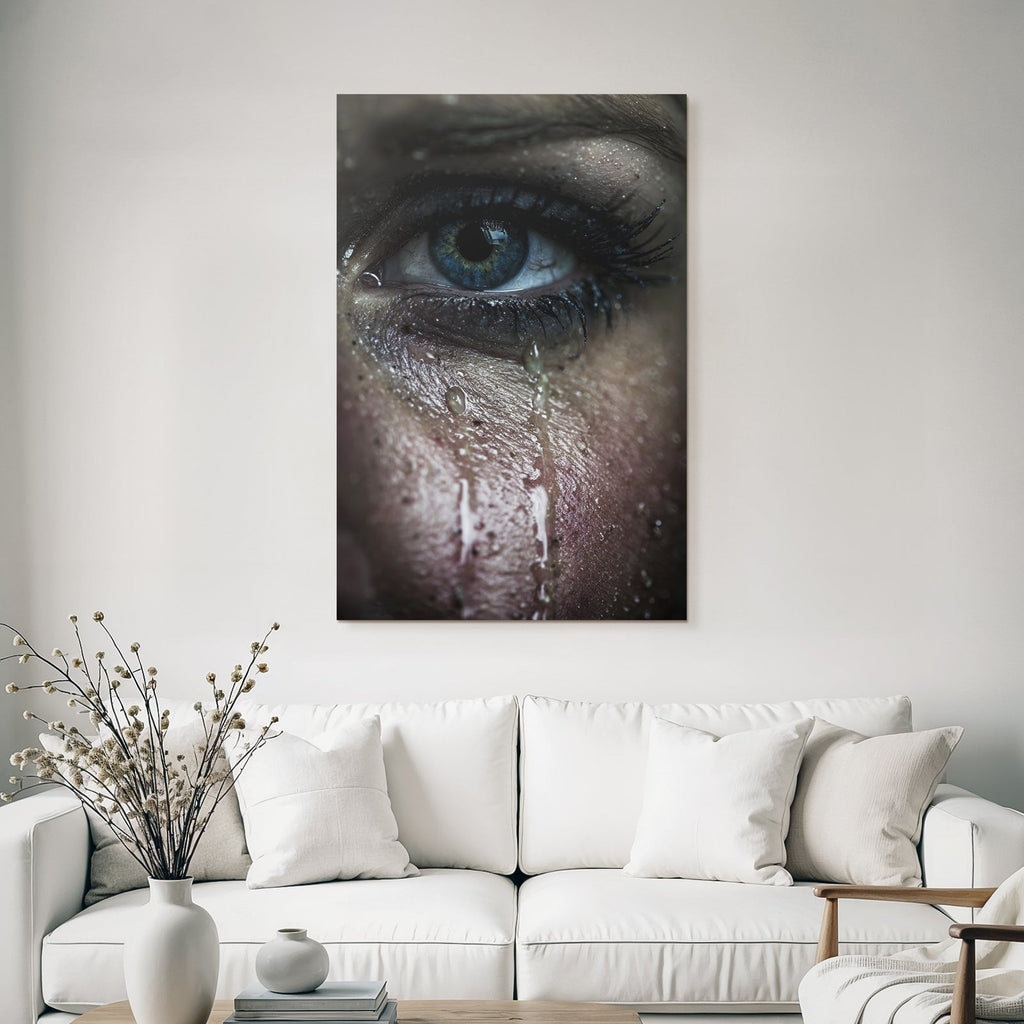 Nahaufnahme Eines Auges Mit Tranen Und Hautstruktur Blau Intensiv Emotional