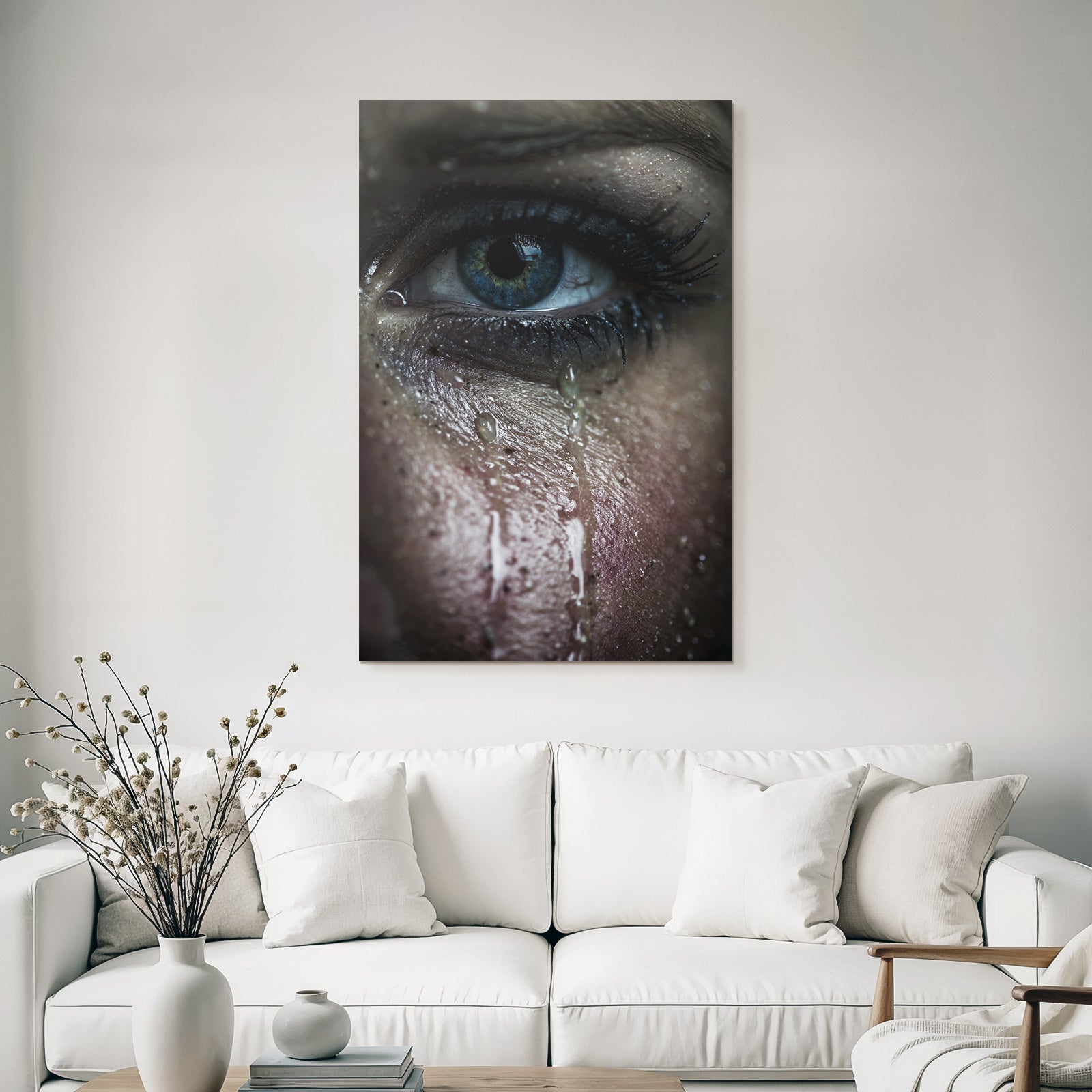 Nahaufnahme Eines Auges Mit Tranen Und Hautstruktur Blau Intensiv Emotional