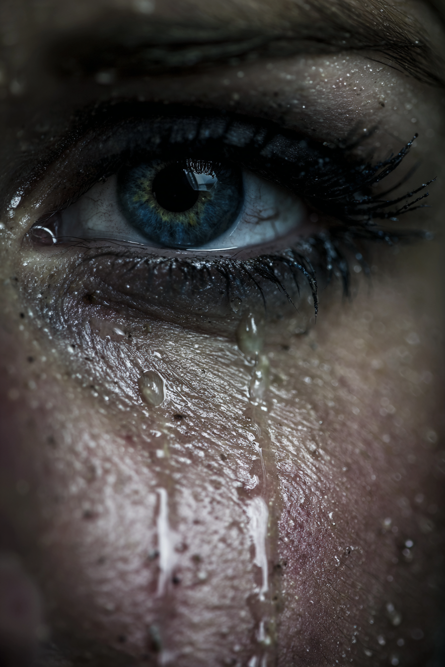 Nahaufnahme Eines Auges Mit Tranen Und Hautstruktur Blau Intensiv Emotional | Portraets | Menschen und Emotionen