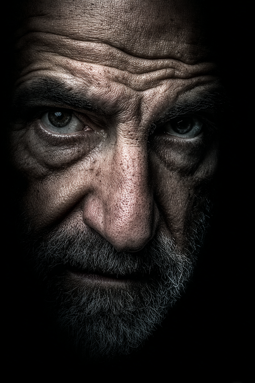 Nahaufnahme Portrait Ein Älterer Mann Mit Ernster Ausdruck Dramatische Beleuchtung | Portraets | Menschen und Emotionen