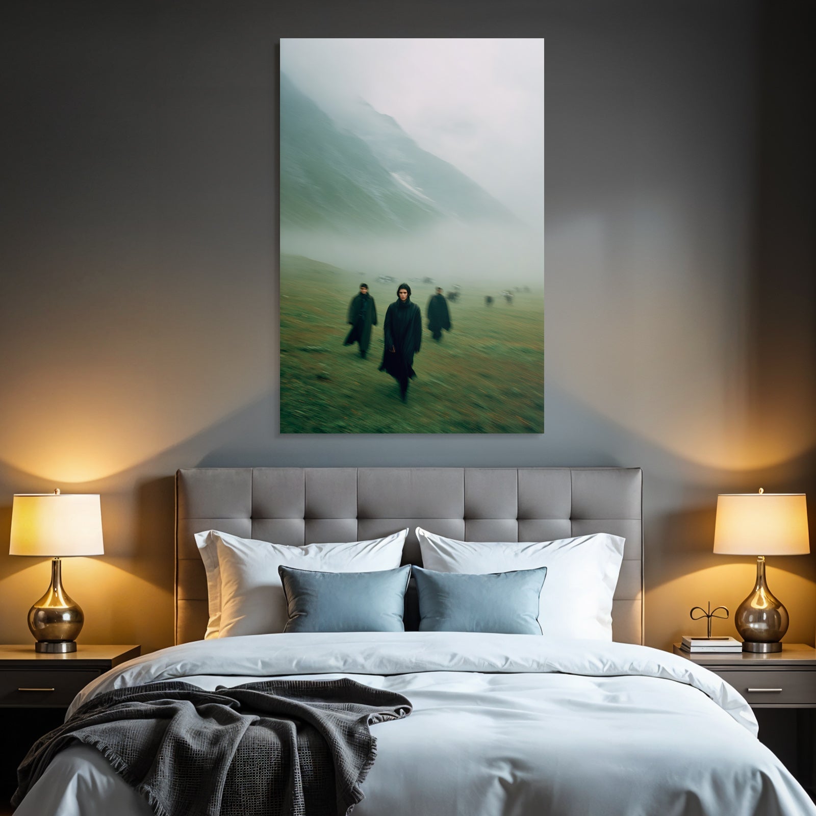 Nebelige Landschaft Führende Figuren Mit Grünem Hintergrund