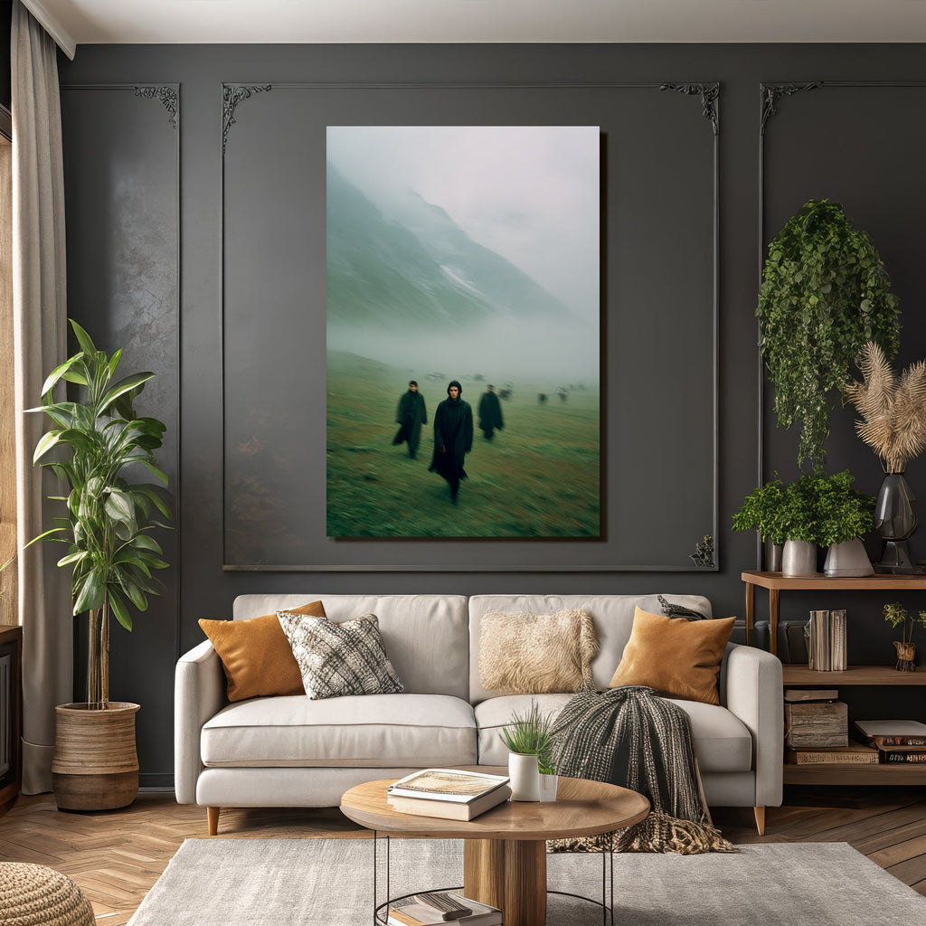 Nebelige Landschaft Führende Figuren Mit Grünem Hintergrund