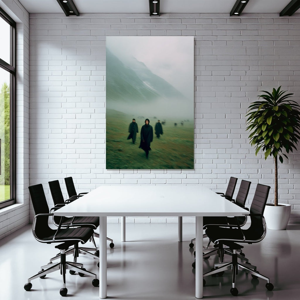 Nebelige Landschaft Führende Figuren Mit Grünem Hintergrund