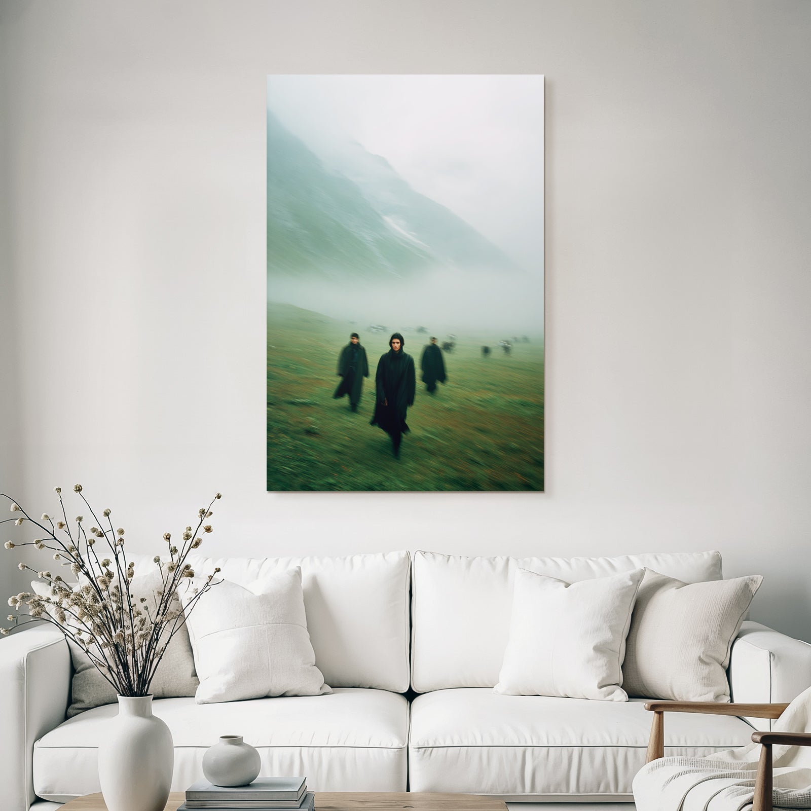 Nebelige Landschaft Führende Figuren Mit Grünem Hintergrund