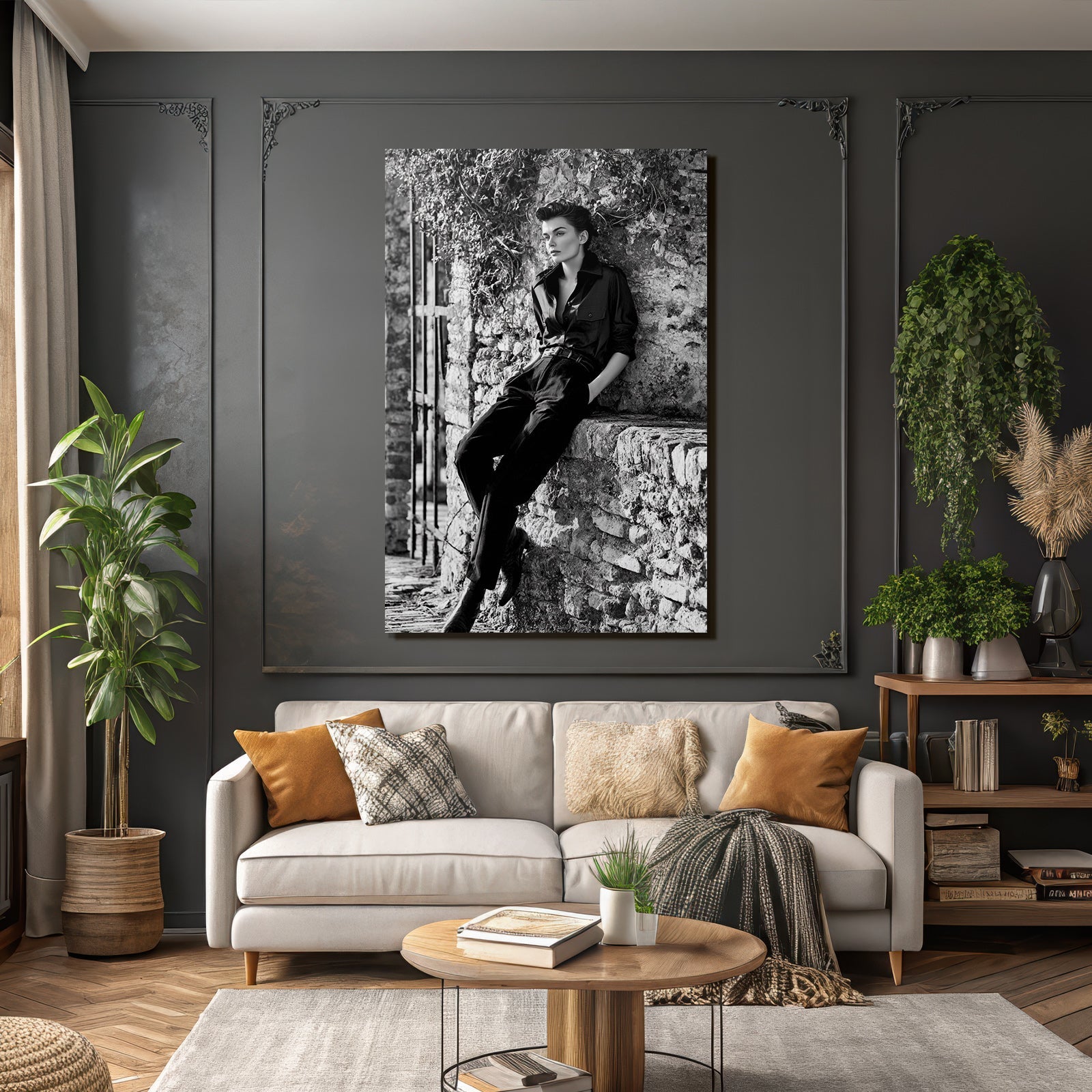 Stylische Person Vor Steinwand Schwarz Und Weiss
