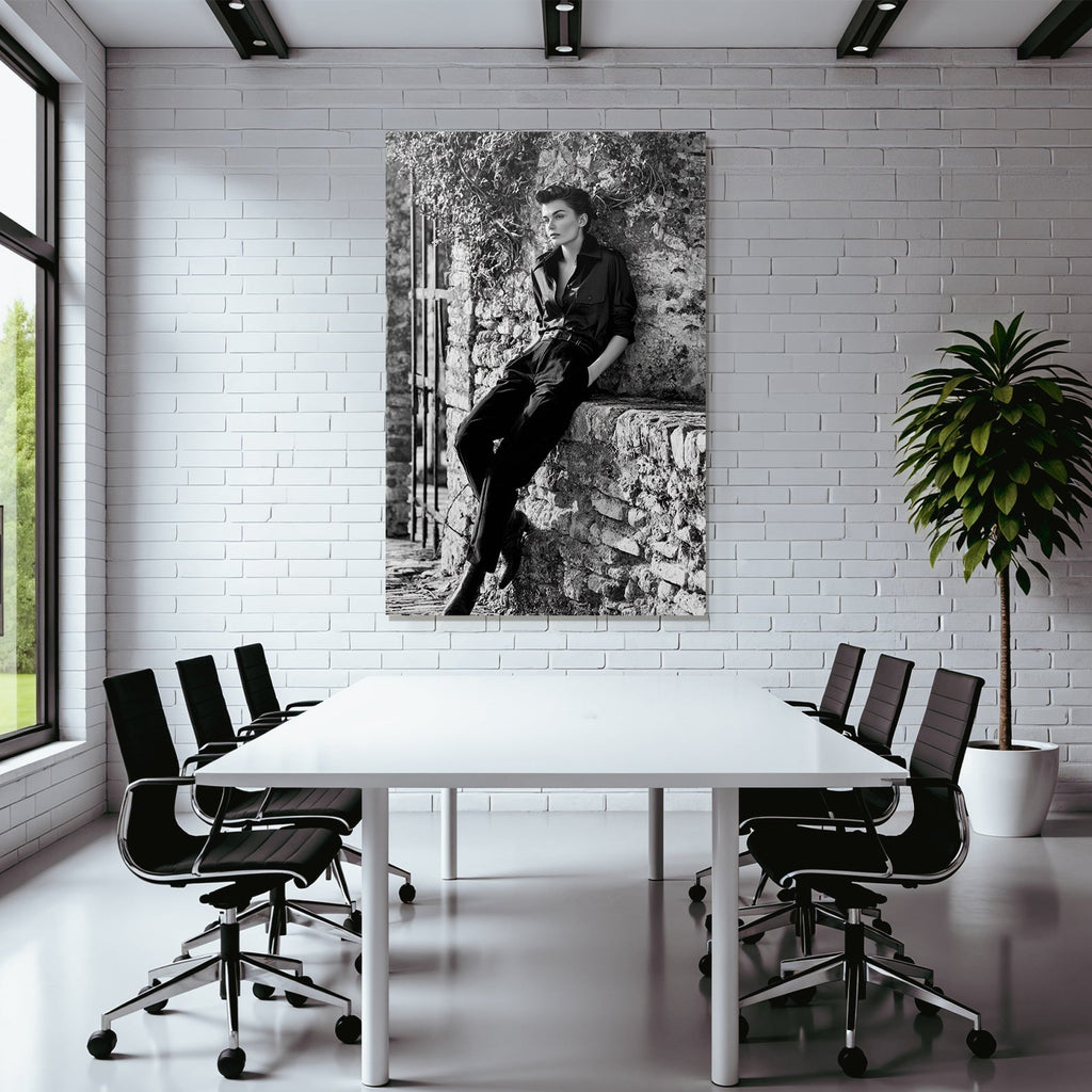 Stylische Person Vor Steinwand Schwarz Und Weiss