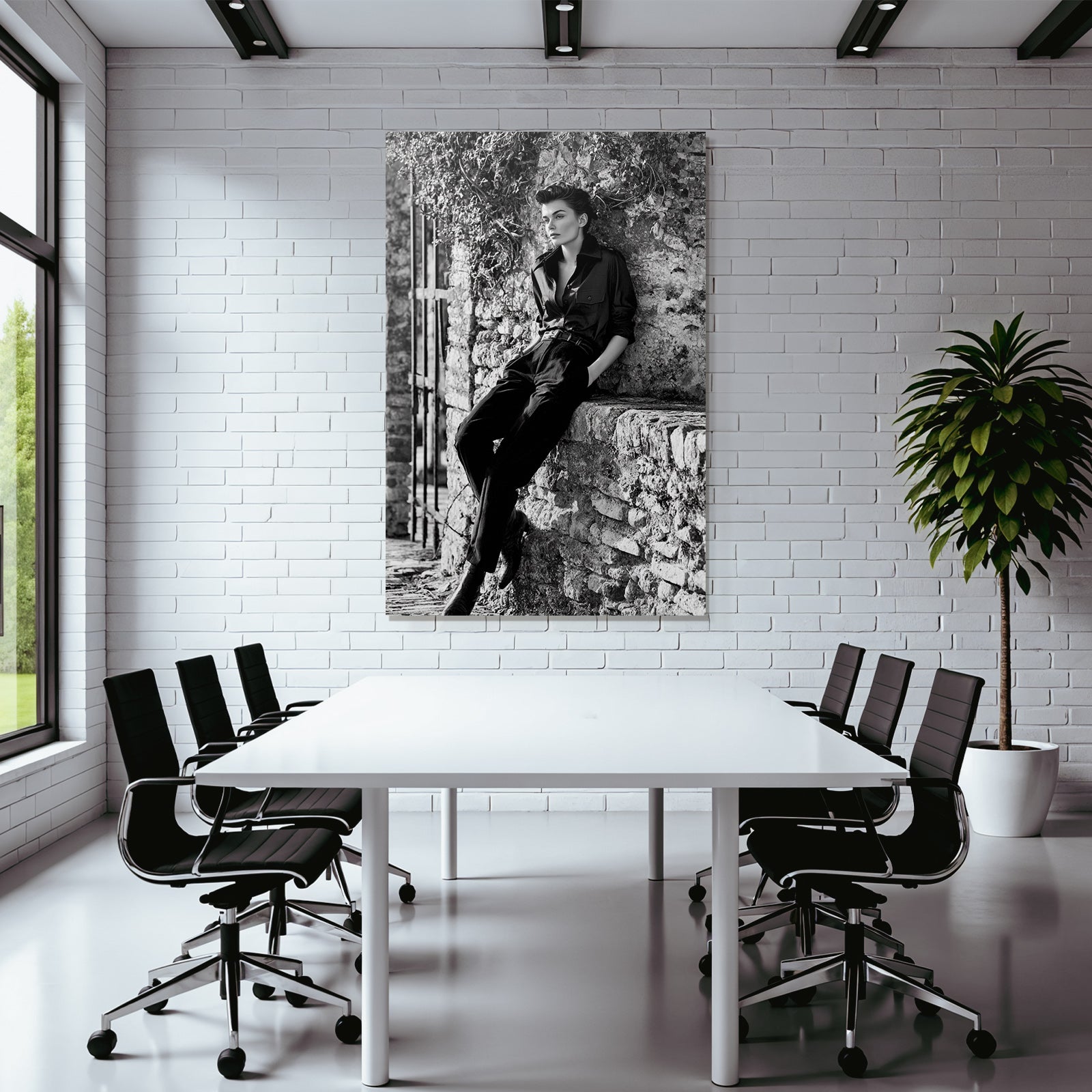 Stylische Person Vor Steinwand Schwarz Und Weiss