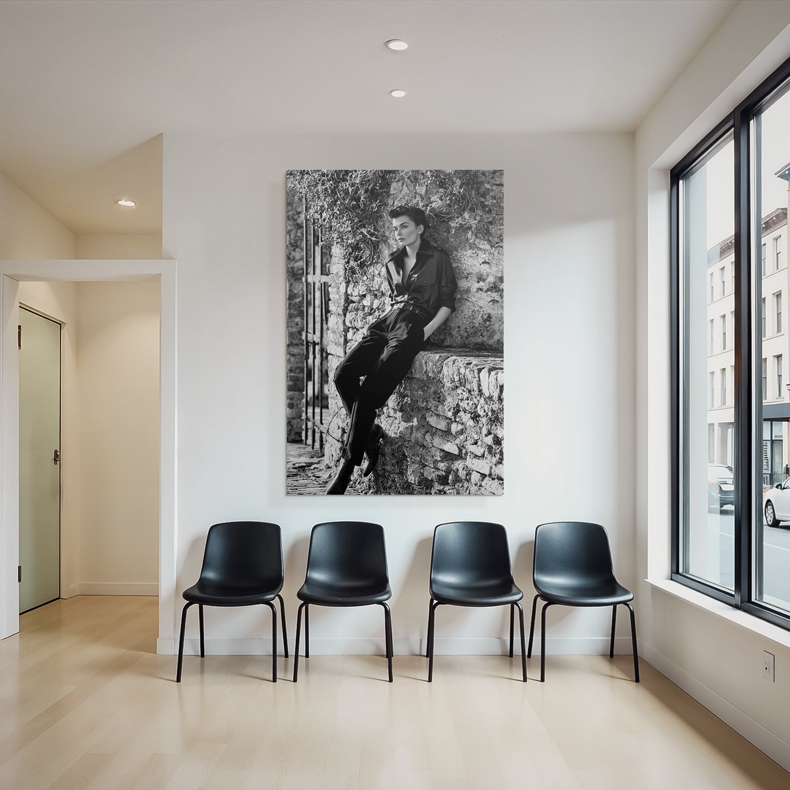 Stylische Person Vor Steinwand Schwarz Und Weiss