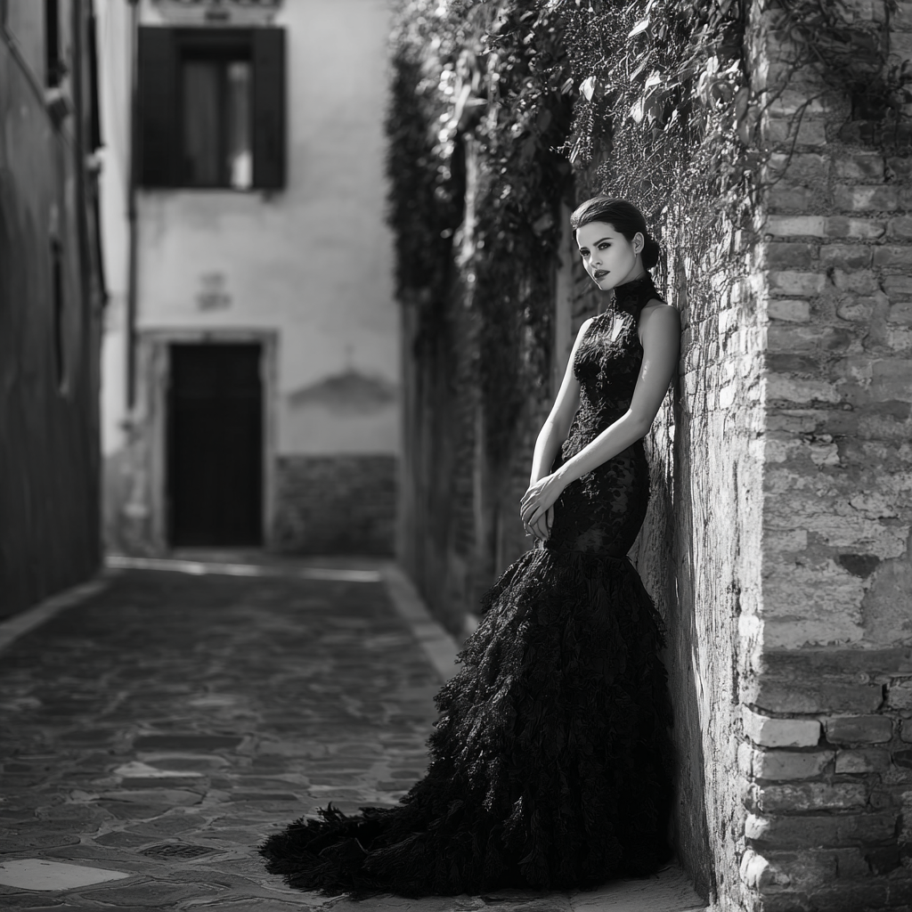 Elegante Frau Im Kunstvollen Kleid In Einer Enge Gasse | Portraets | Menschen und Emotionen