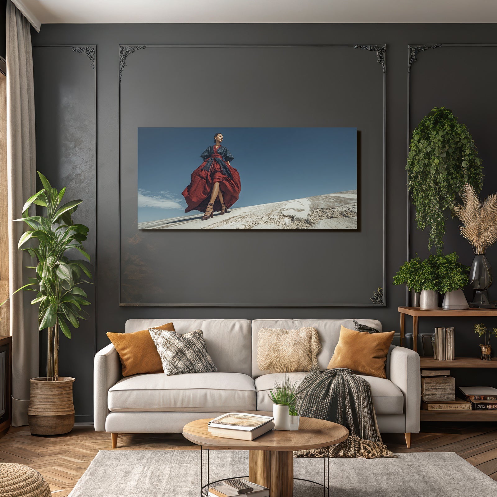 Dramatisches Modell Outfit Blau Rot Himmel Fotografie