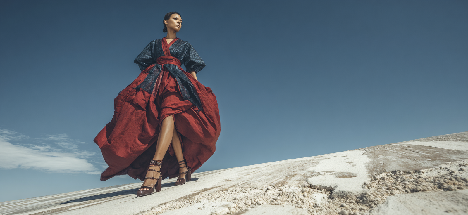 Dramatisches Modell Outfit Blau Rot Himmel Fotografie | Portraets | Menschen und Emotionen