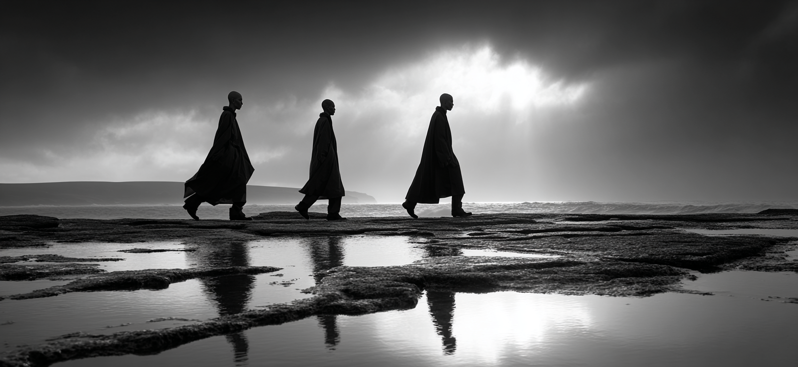 Drei Figuren Auf Der Steinigem Ufer Mit Reflexionen Im Wasser Geheimnisvolle Stimmung | Portraets | Menschen und Emotionen