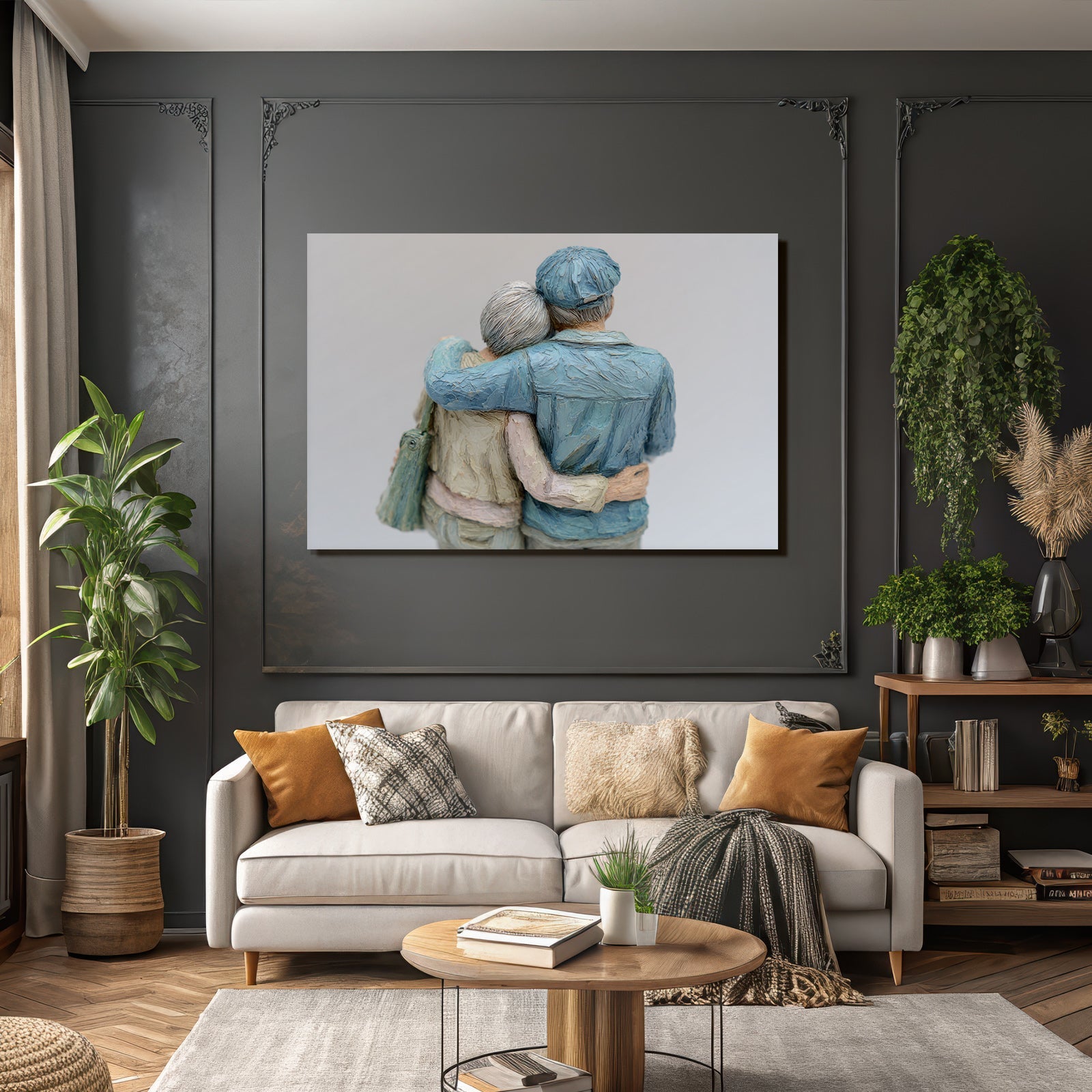 Elderscouple Embracing Sculpture Warm Emotion