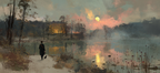 Friedliche Landschaft Bei Dämmerung Mit Wanderer Am See | Portraets | Menschen und Emotionen