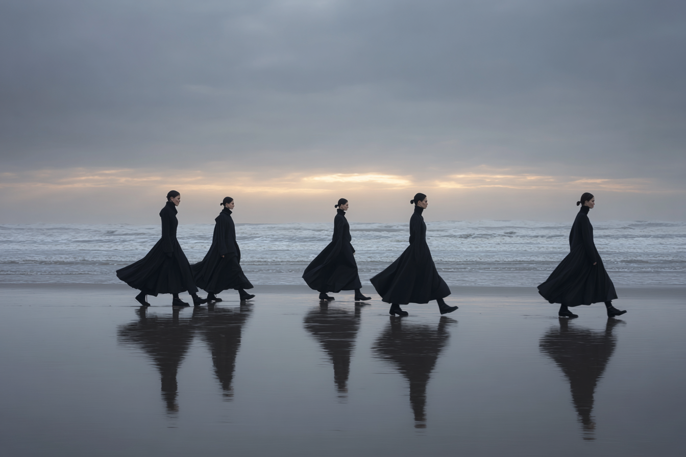 Gruppe Von Individün In Schwarzen Garmenten Am Strand Reflexionen Im Nassen Sand | Portraets | Menschen und Emotionen