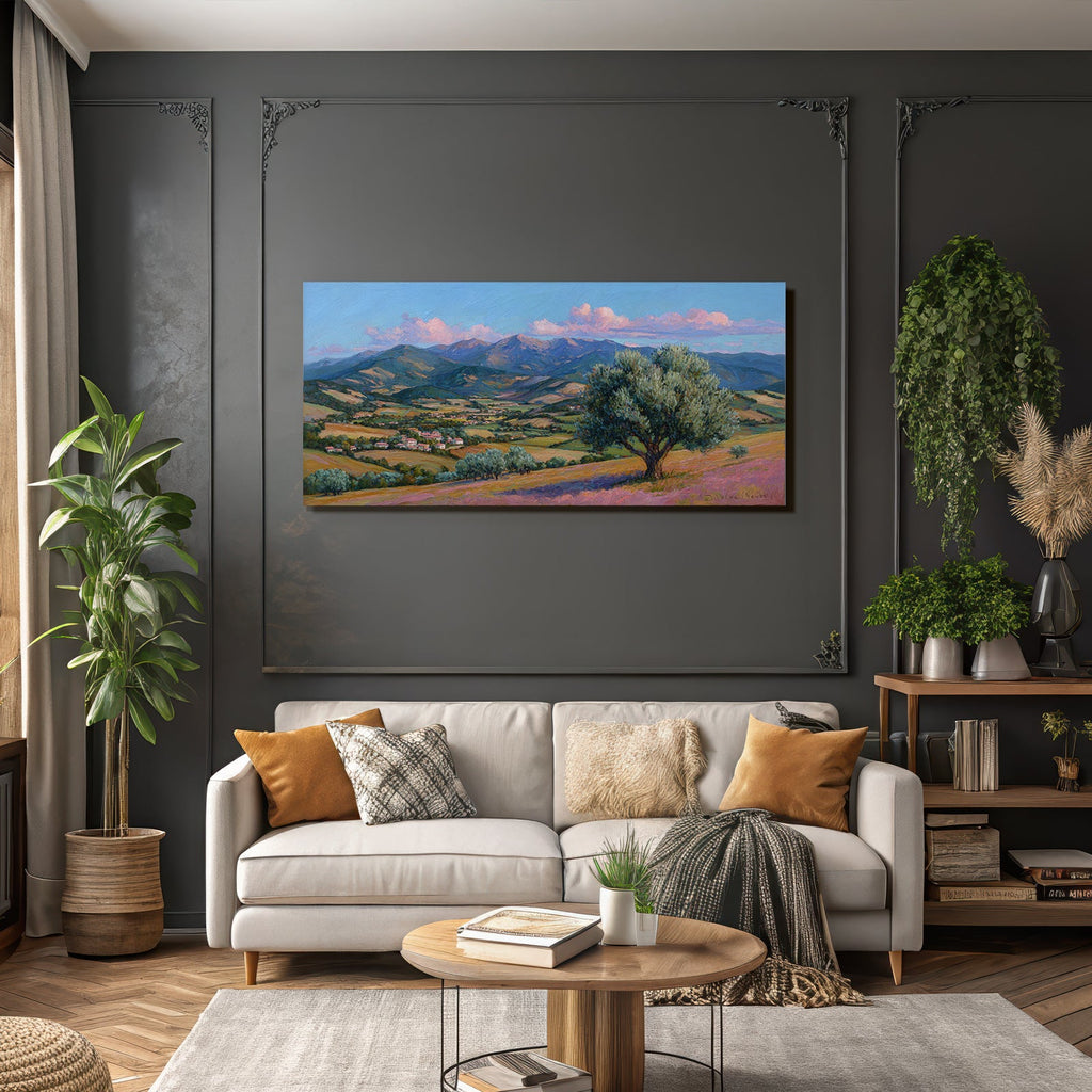 Landschaftsmalerei Hügel Und Berge Impressionistisch Mit Dorf Im Valley