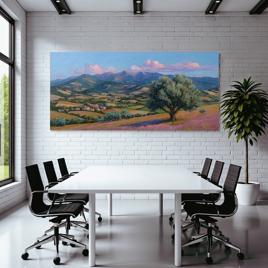 Landschaftsmalerei Hügel Und Berge Impressionistisch Mit Dorf Im Valley