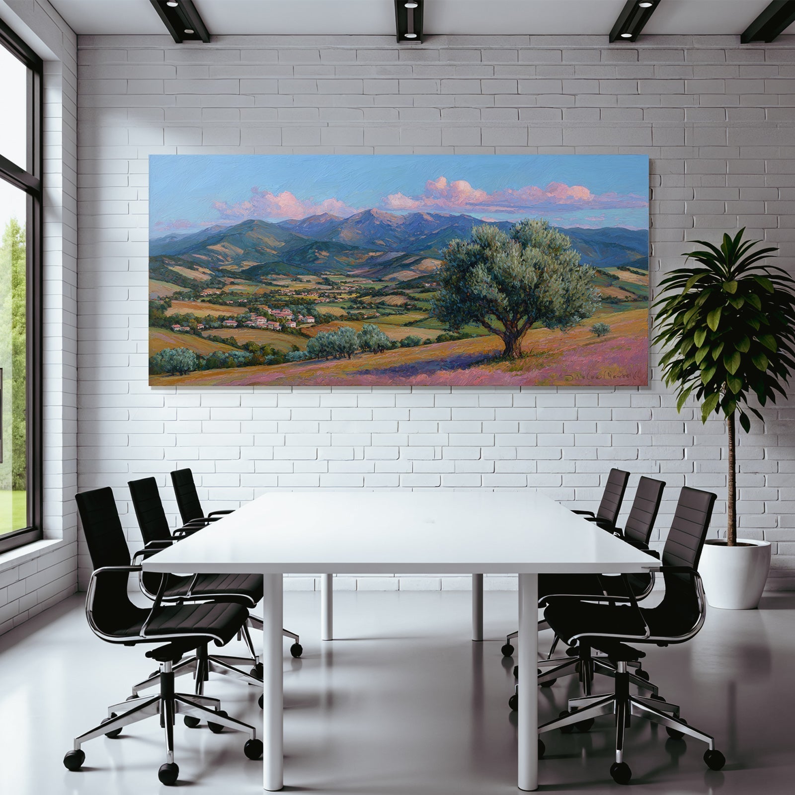 Landschaftsmalerei Hügel Und Berge Impressionistisch Mit Dorf Im Valley