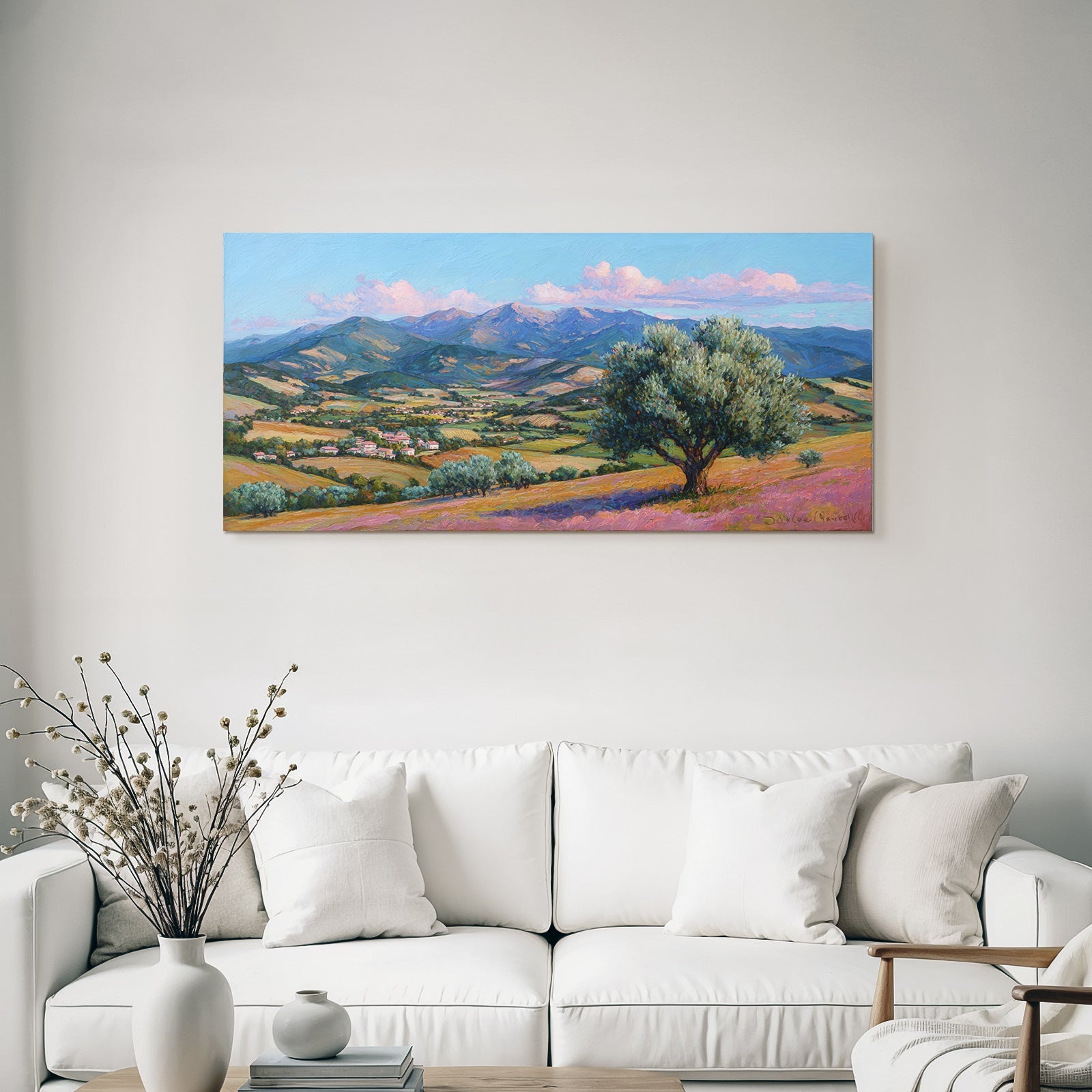 Landschaftsmalerei Hügel Und Berge Impressionistisch Mit Dorf Im Valley