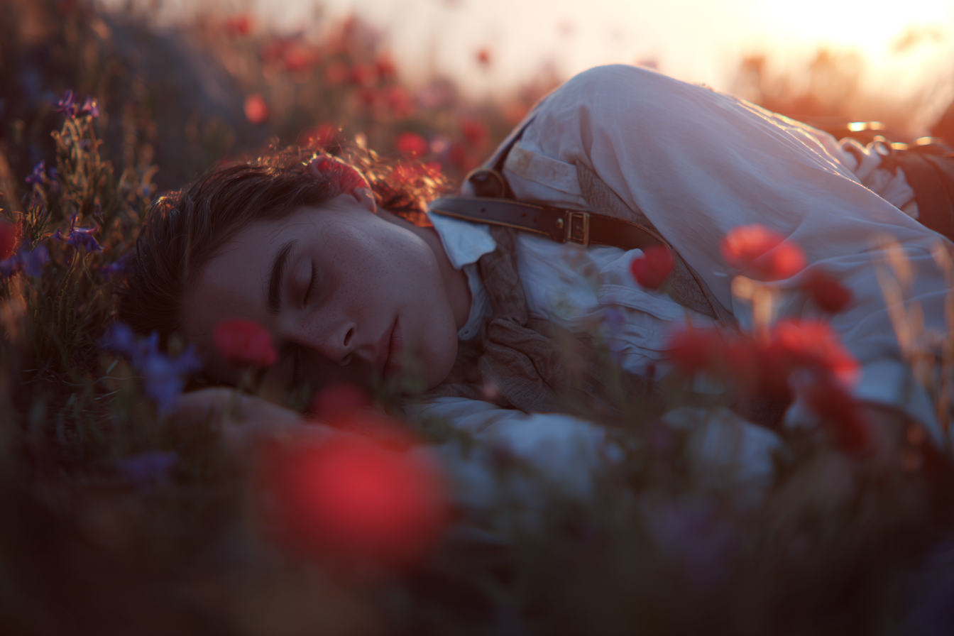 Ruhige Szene Person Im Blumenfeld Bei Sonnenuntergang | Portraets | Menschen und Emotionen