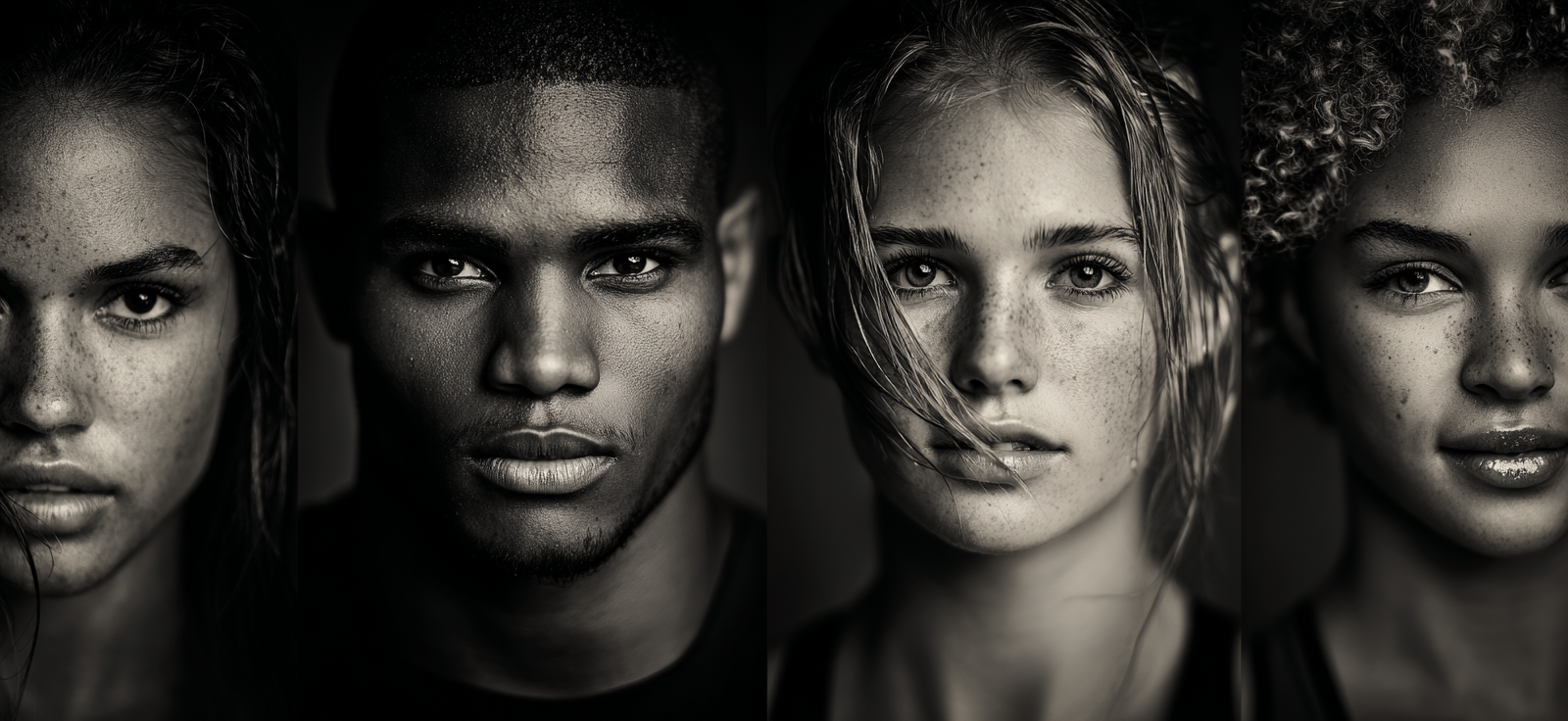 Schwarz Und Weiss Porträt Montage Vier Individün Faces Diversität | Portraets | Menschen und Emotionen