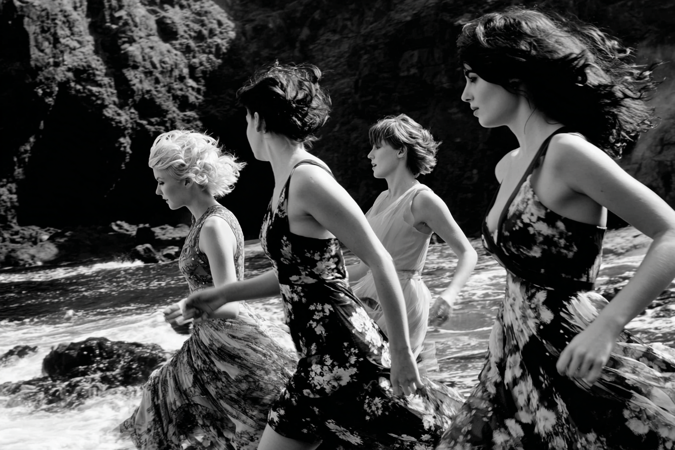 Vier Fraün Laufen Am Strand In Schwarz Weiss Mit Freude | Portraets | Menschen und Emotionen