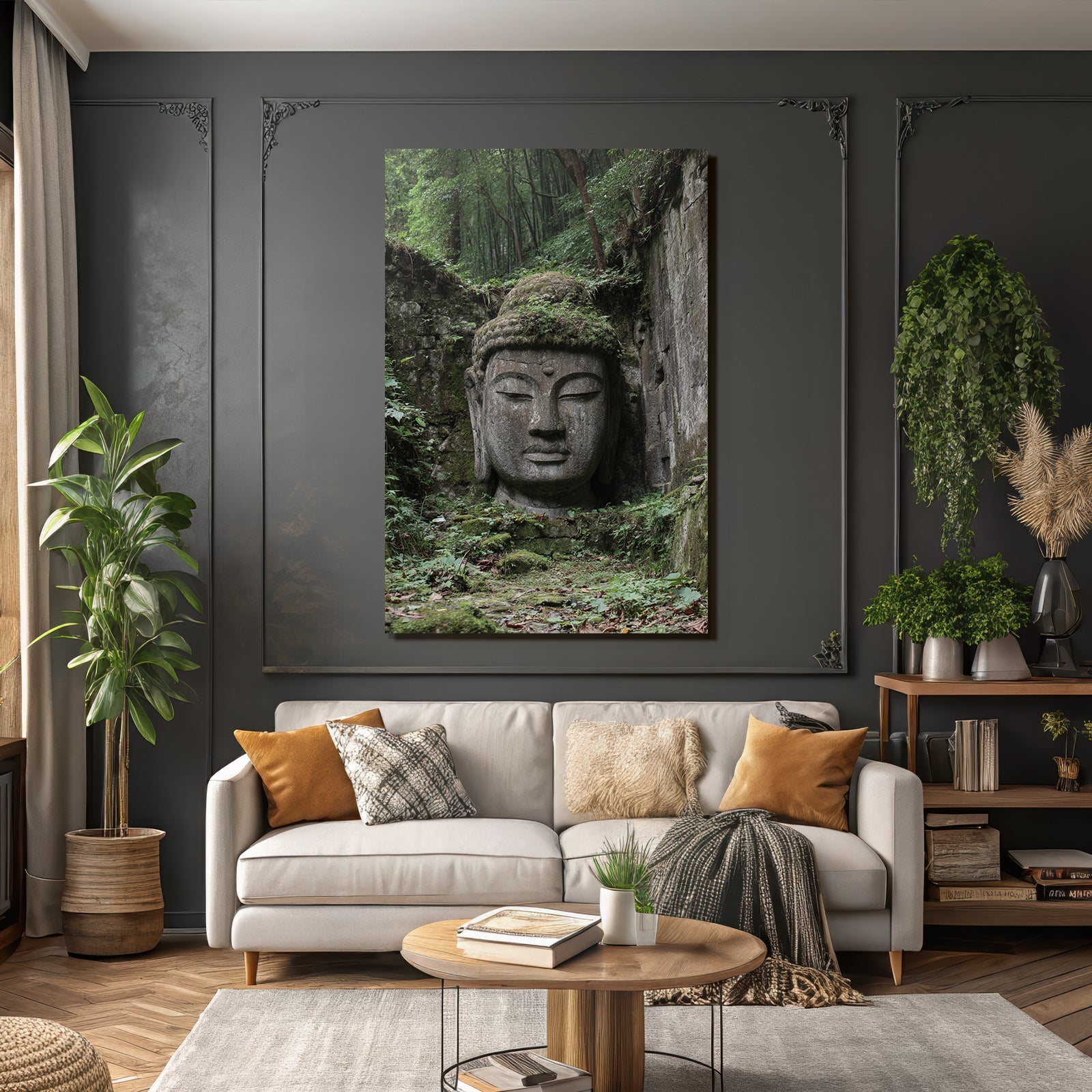 Buddha Kopf Skulptur In Grünem Landscape