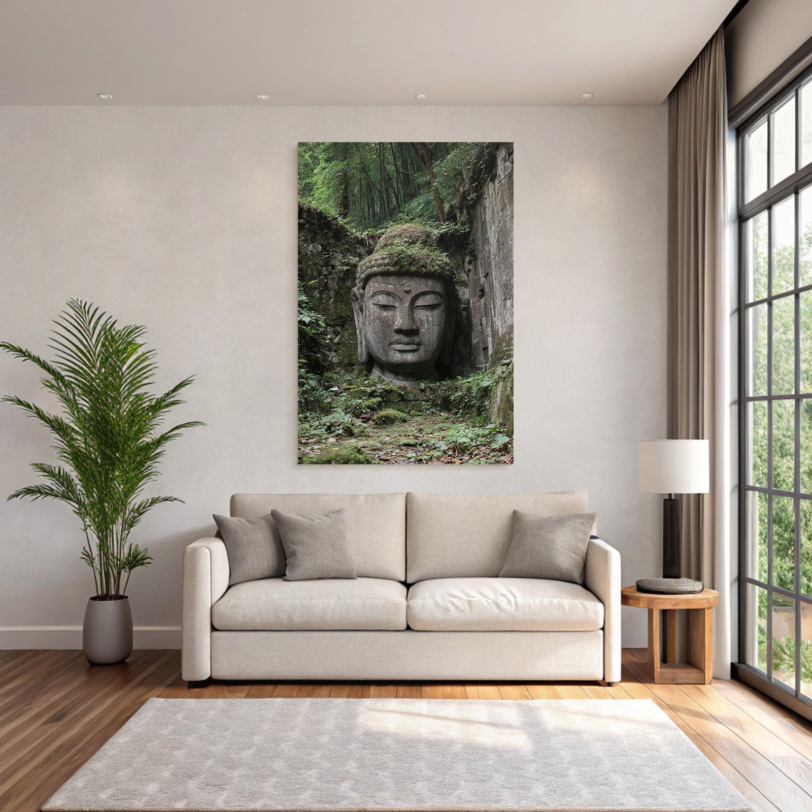 Buddha Kopf Skulptur In Grünem Landscape