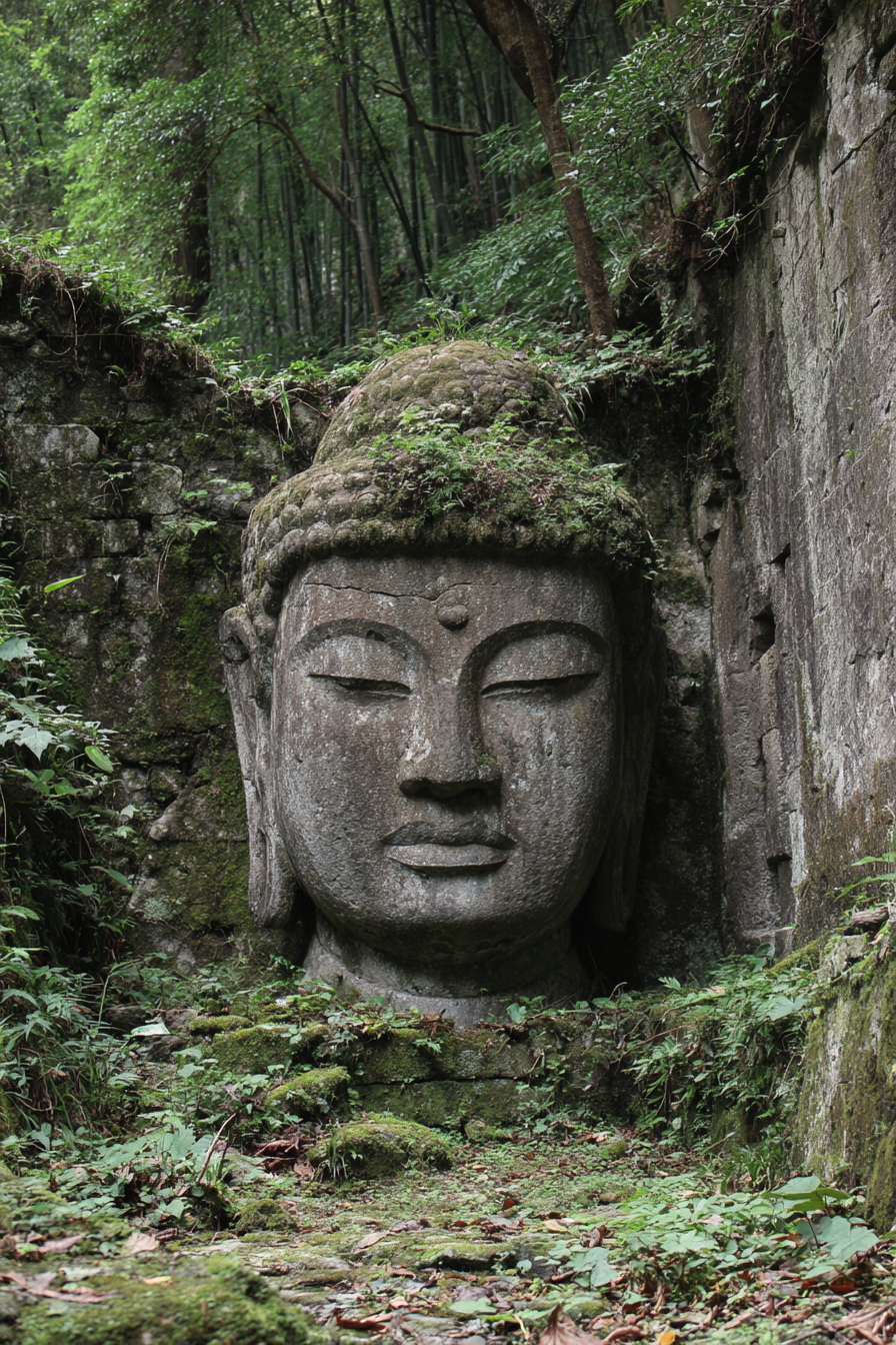 Buddha Kopf Skulptur In Grünem Landscape | Spirituelle Motive und Buddha | Menschen und Emotionen