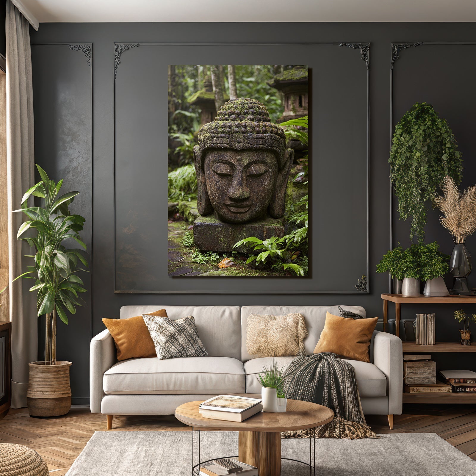 Buddha Kopf Skulptur Mit Moos In Grünem Umfeld