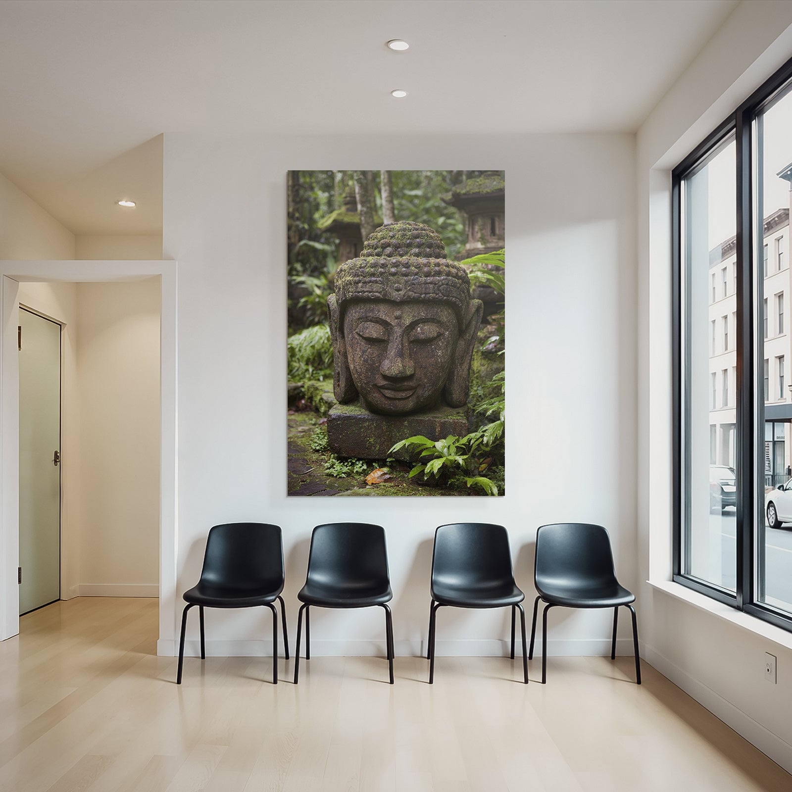 Buddha Kopf Skulptur Mit Moos In Grünem Umfeld