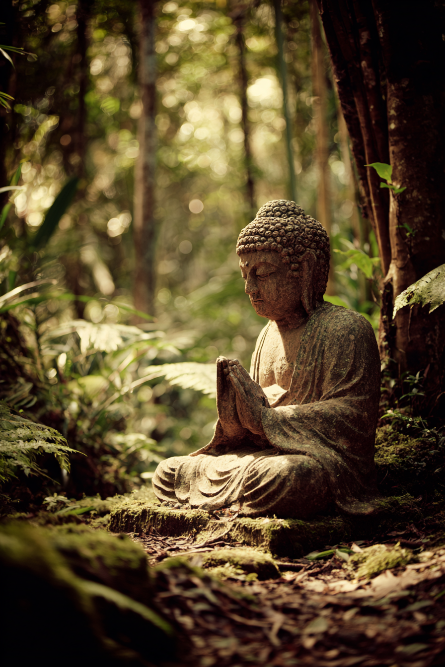 Buddha Statü Im Geduldigen Wald Mit Naturlichem Licht | Spirituelle Motive und Buddha | Menschen und Emotionen