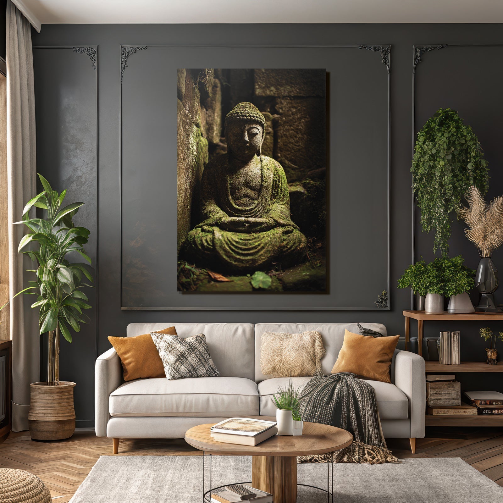 Buddha Statü Moos Bedeckt Steingebäude Ruhe Und Natur