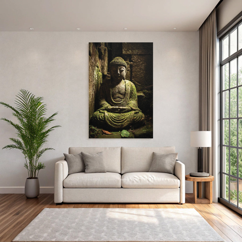 Buddha Statü Moos Bedeckt Steingebäude Ruhe Und Natur