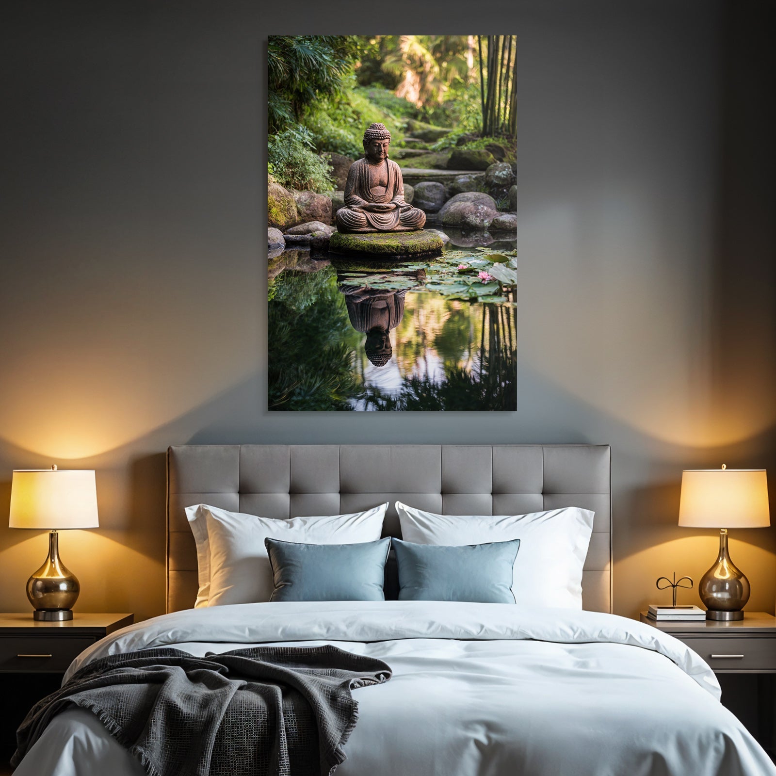 Buddha Statü Reflection Im Ruhigen Garten Pond