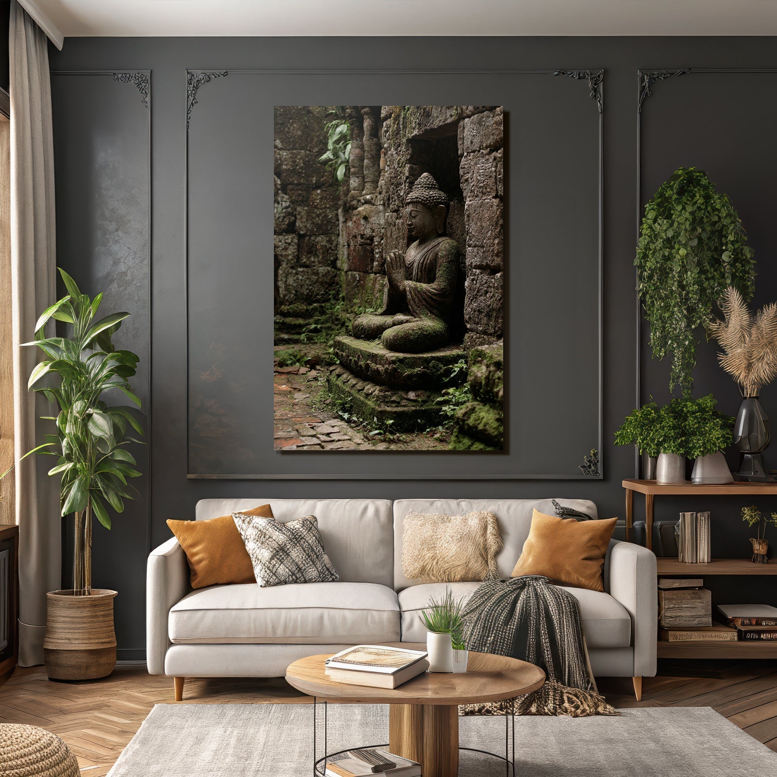 Buddha Statü Sitzend Bewegte Maür Moos Umgeben Meditation Ort