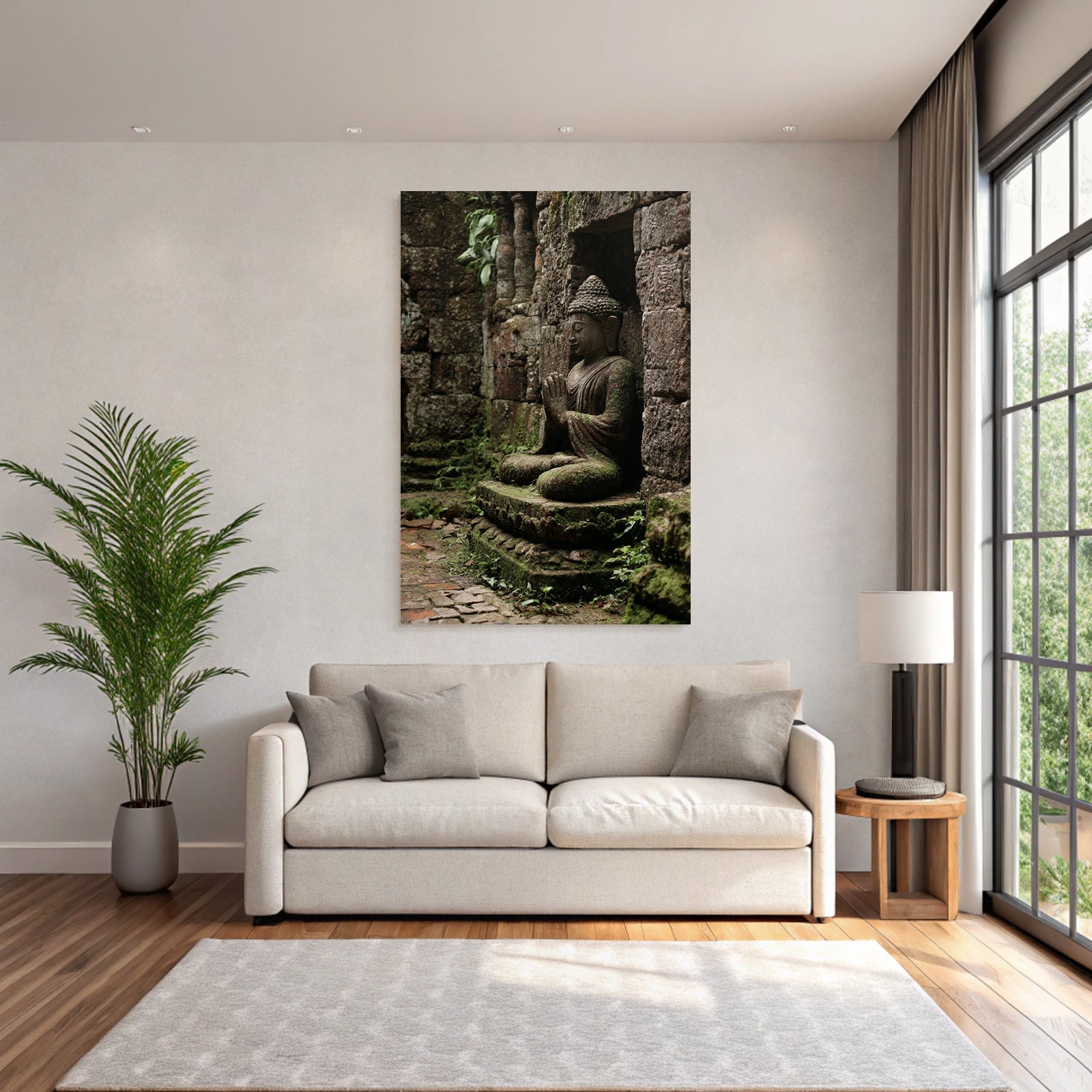 Buddha Statü Sitzend Bewegte Maür Moos Umgeben Meditation Ort