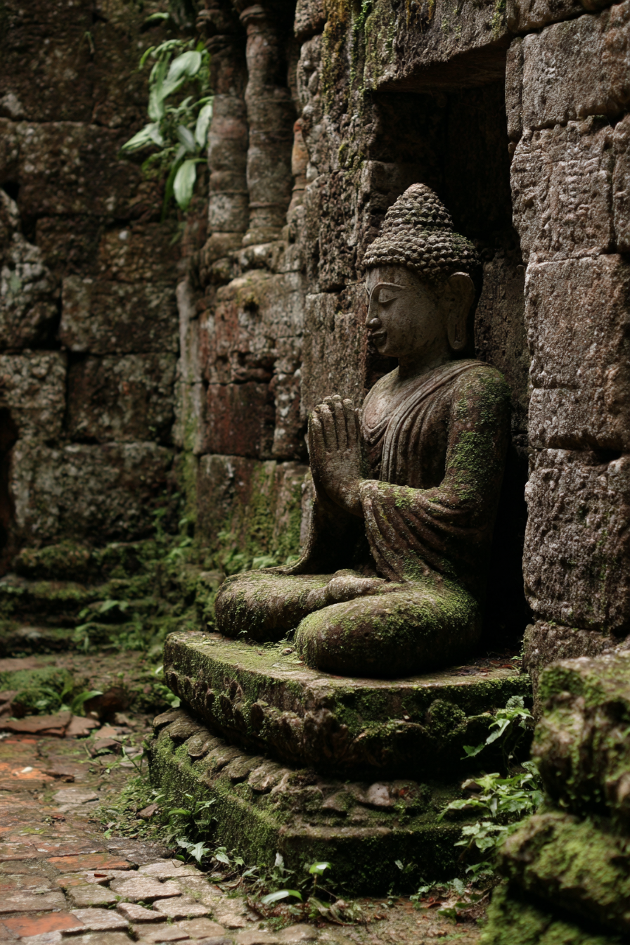 Buddha Statü Sitzend Bewegte Maür Moos Umgeben Meditation Ort | Spirituelle Motive und Buddha | Menschen und Emotionen