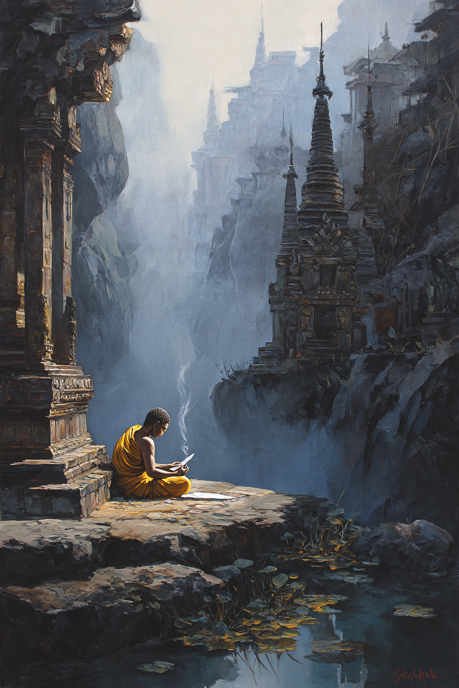 Junger Mönch Auf Steinbank By Wasser Lesend In Fridlicher Landschaft | Spirituelle Motive und Buddha | Menschen und Emotionen