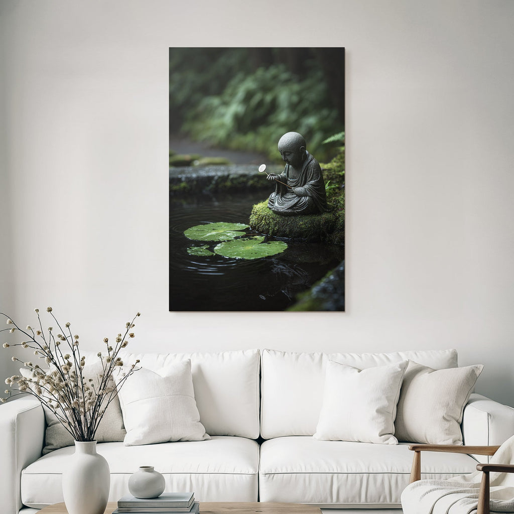 Kleine Statütte Des Mönchs Oder Buddha Figur Am Teich Mit Lilienblättern