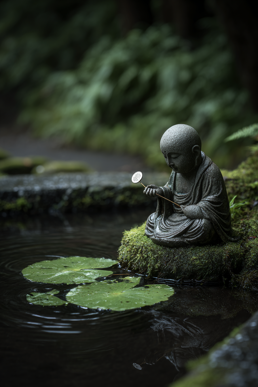 Kleine Statütte Des Mönchs Oder Buddha Figur Am Teich Mit Lilienblättern | Spirituelle Motive und Buddha | Menschen und Emotionen