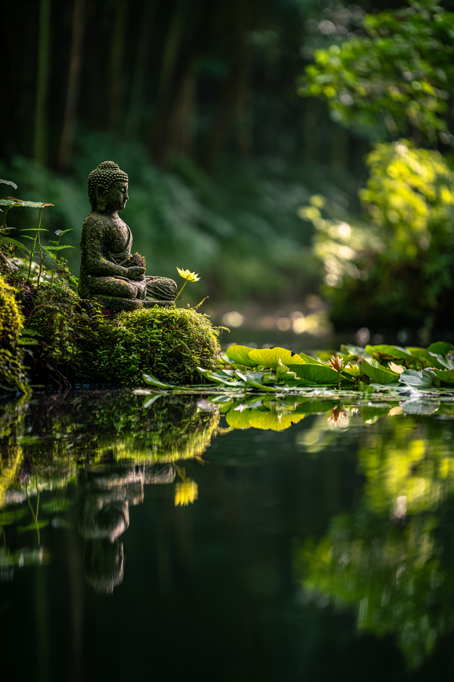 Meditierender Buddha Near Ruhiger Wasseroberfläche Mit Grünen Pflanzen Szenario | Spirituelle Motive und Buddha | Menschen und Emotionen