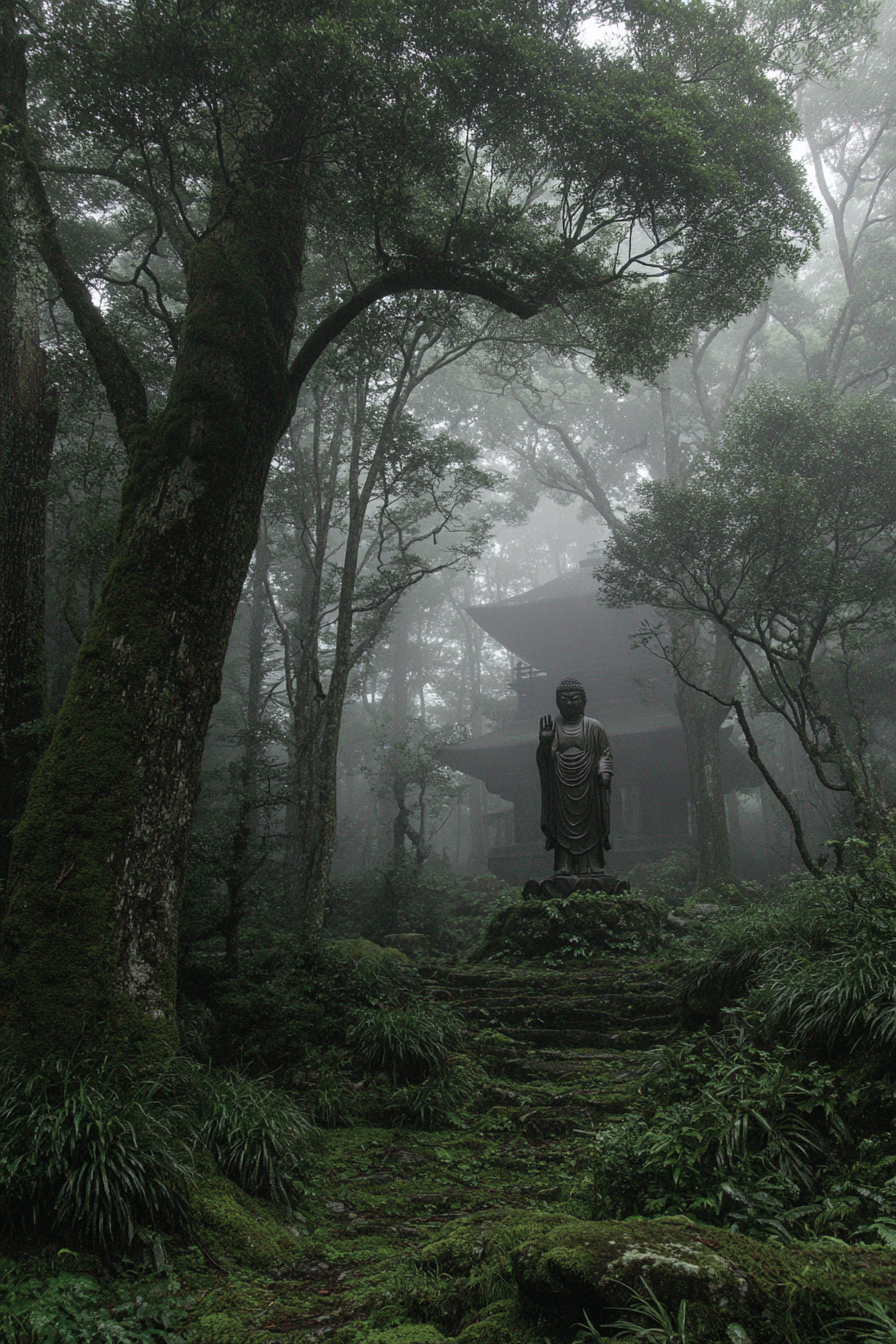 Ruhige Atmosphärische Szene Im Nebel Und Wald Mit Status Und Gebäude | Spirituelle Motive und Buddha | Menschen und Emotionen