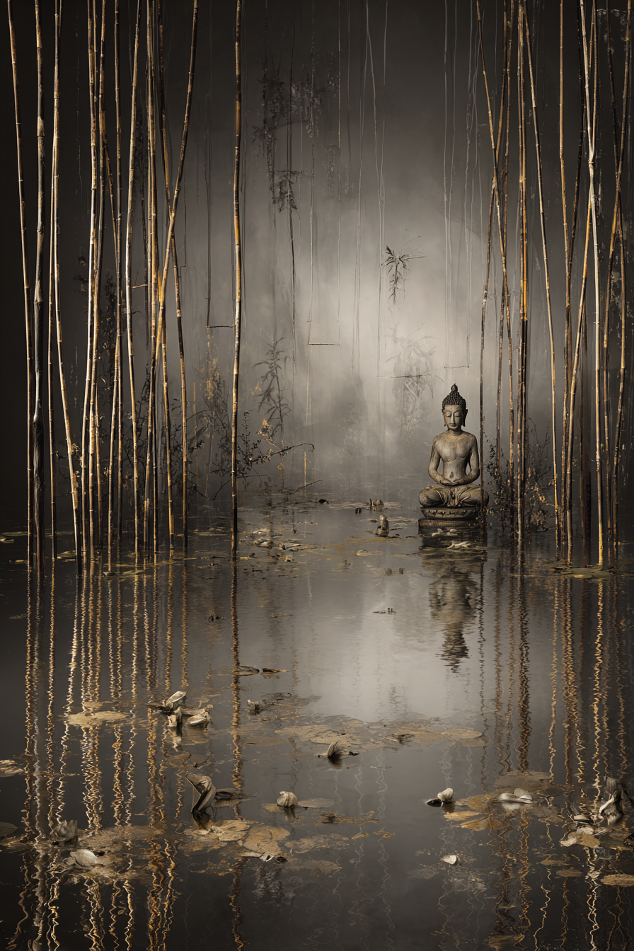 Ruhige Statü Im Nebel Mit Bambus Und Reflektierendem Wasser | Spirituelle Motive und Buddha | Menschen und Emotionen
