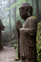 Stein Statü Im Bittenden Haltung Im Nebligen Wald Gebiet | Spirituelle Motive und Buddha | Menschen und Emotionen